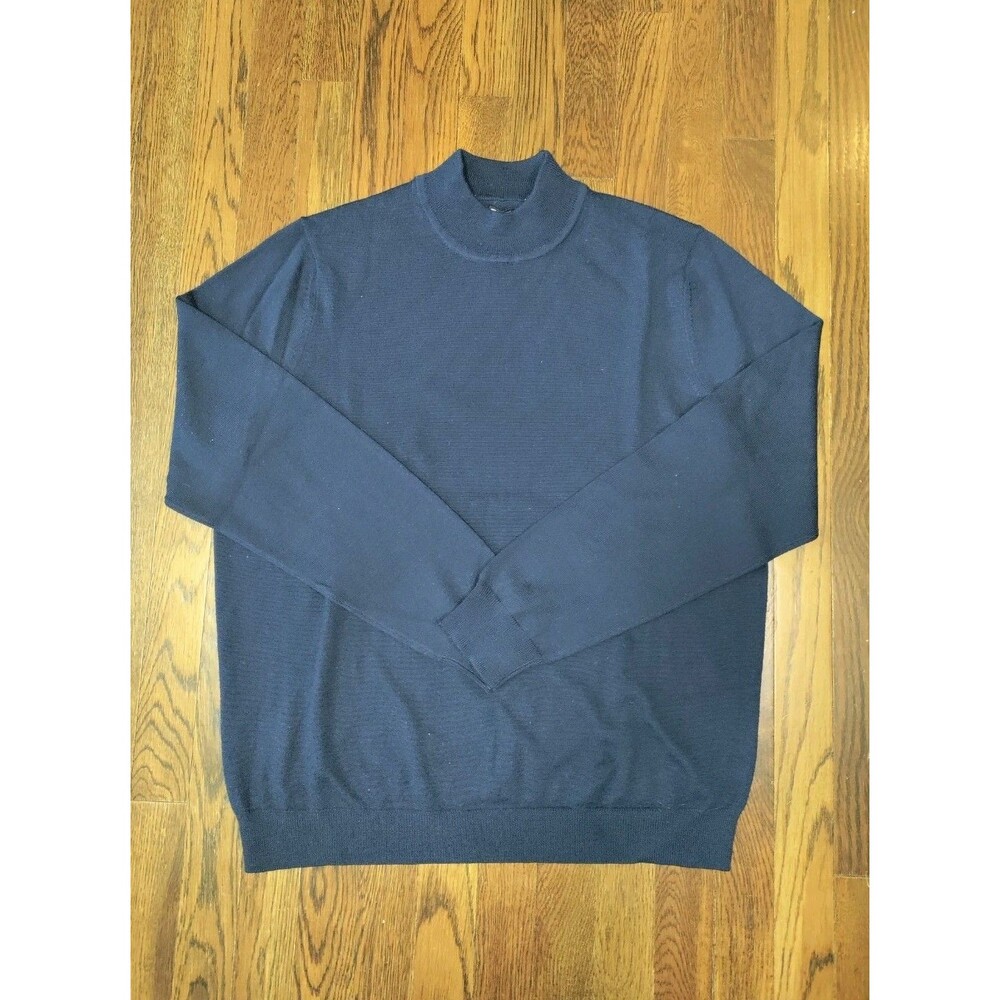 Nordstrom Men's Shop 100% Merino Wool Sweater Size Large Navy Blue Mock Neck EUC